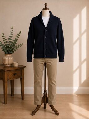 Selected Homme Heritage Navy Shawl Collar Waffle Knit Cotton Cardigan Sweater M